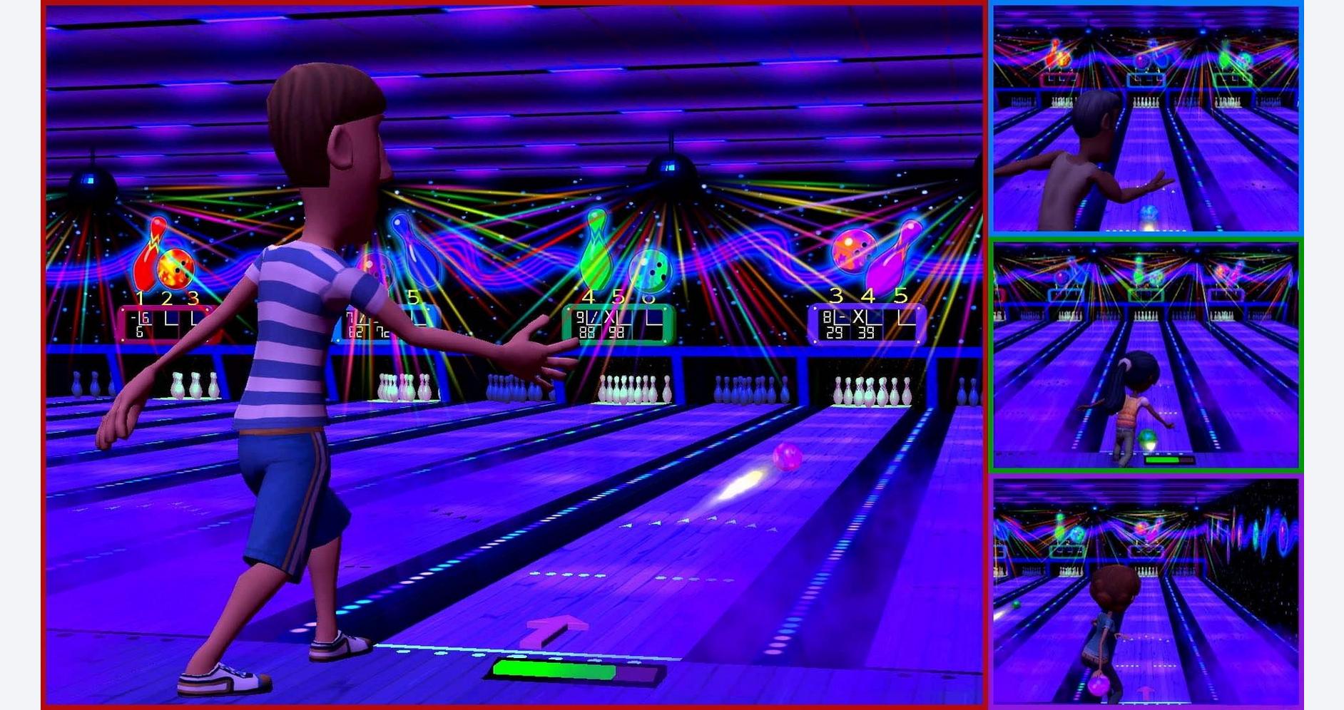 Glow-in-the-dark bowling alley with neon lights and animated character playing.