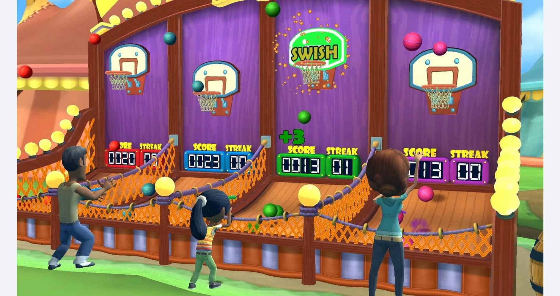 Arcade basketball game with kids playing and scoring points.