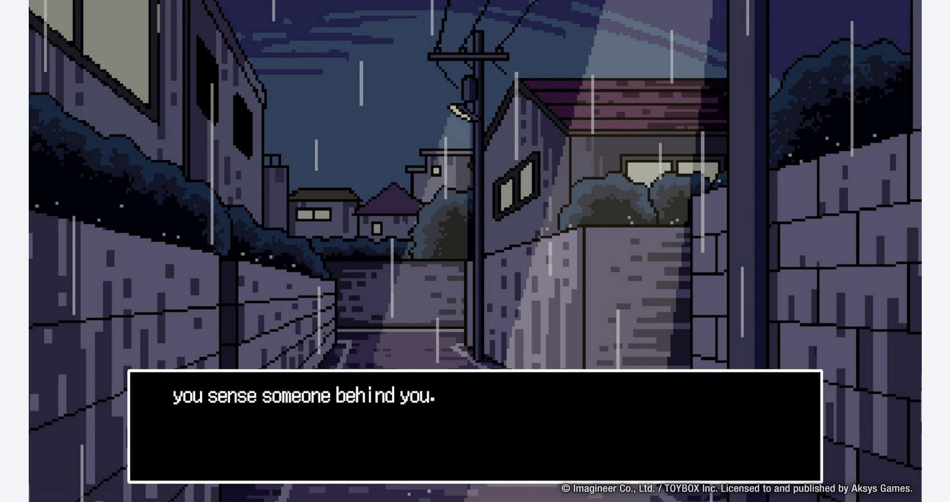 Dark alley scene from "Path of Mystery" game with rain and suspenseful atmosphere.