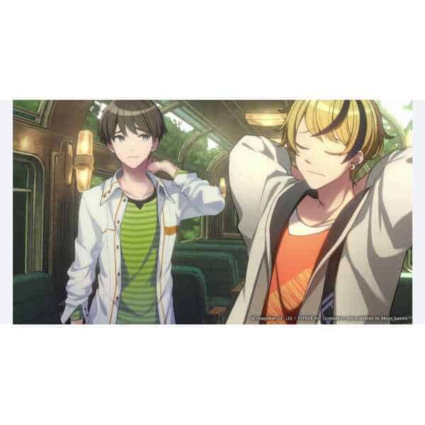 Two young men on a train, one looking thoughtful, the other with eyes closed, in an anime style.