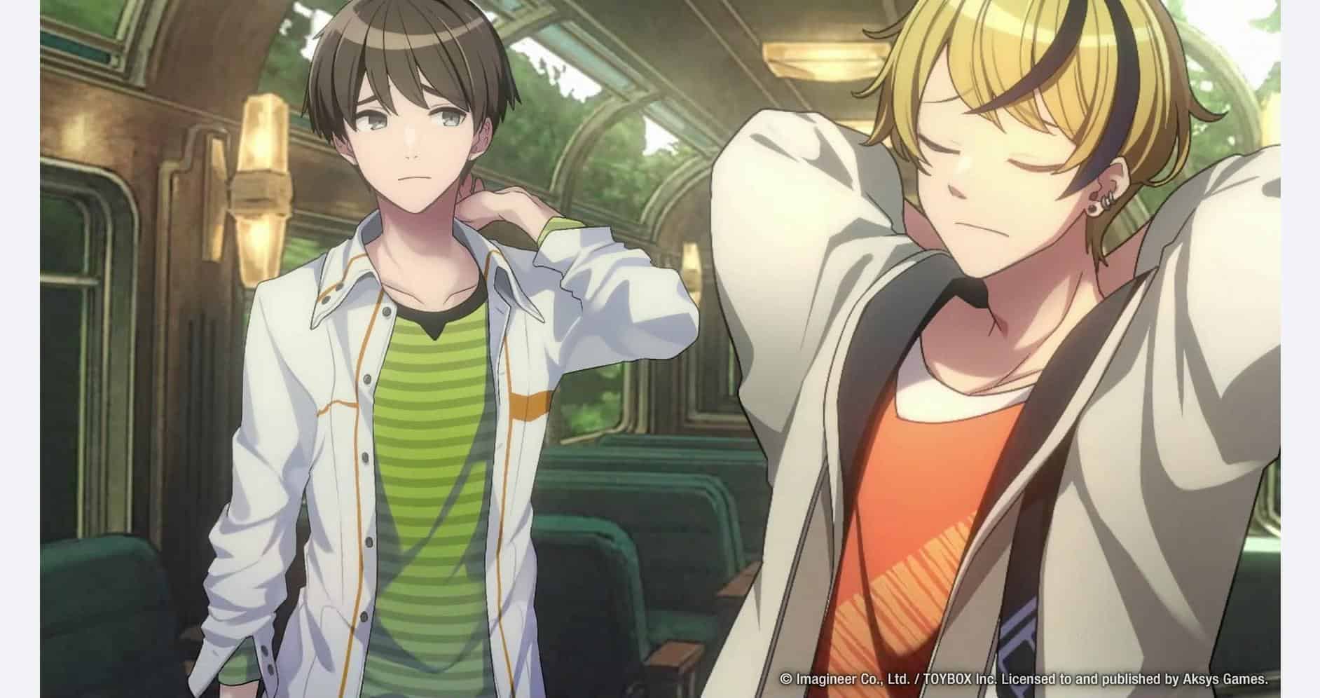 Two young men on a train, one looking thoughtful, the other with eyes closed, in an anime style.