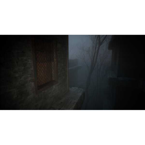 A dark, foggy alleyway with an old brick building and leafless trees in the background.