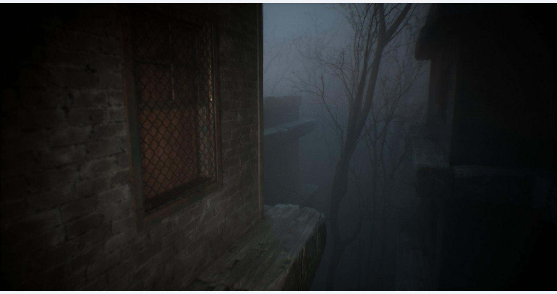 A dark, foggy alleyway with an old brick building and leafless trees in the background.