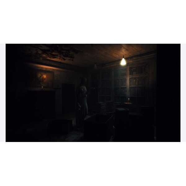 A dark, eerie room with a mysterious figure standing among stacks of books and old furniture.