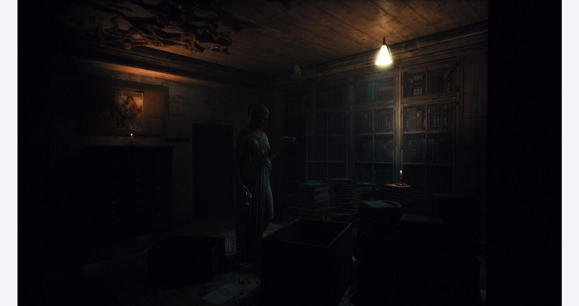 A dark, eerie room with a mysterious figure standing among stacks of books and old furniture.