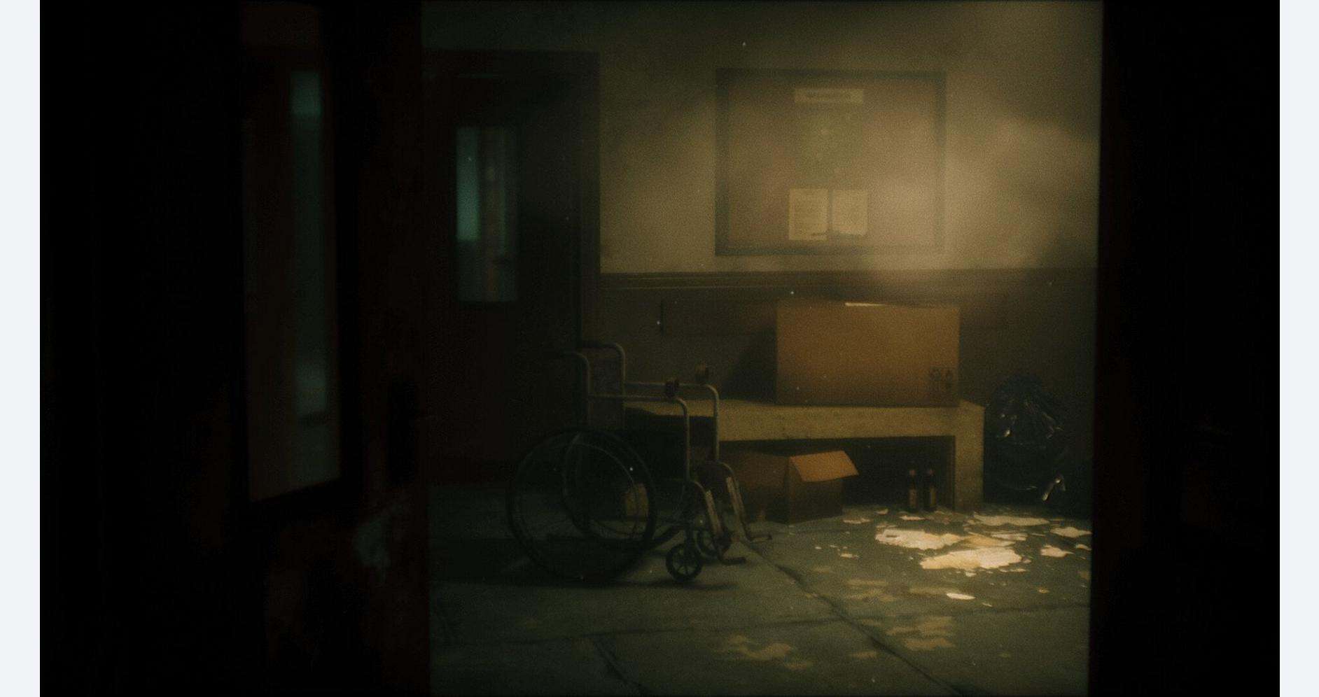 Abandoned hospital corridor with wheelchair and scattered papers, eerie atmosphere.