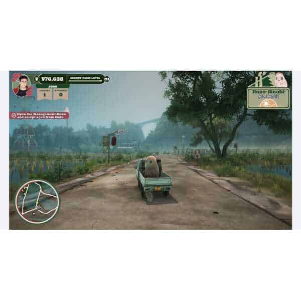 In-game mascot character riding a small truck on a rural road in Promise Mascot Agency.