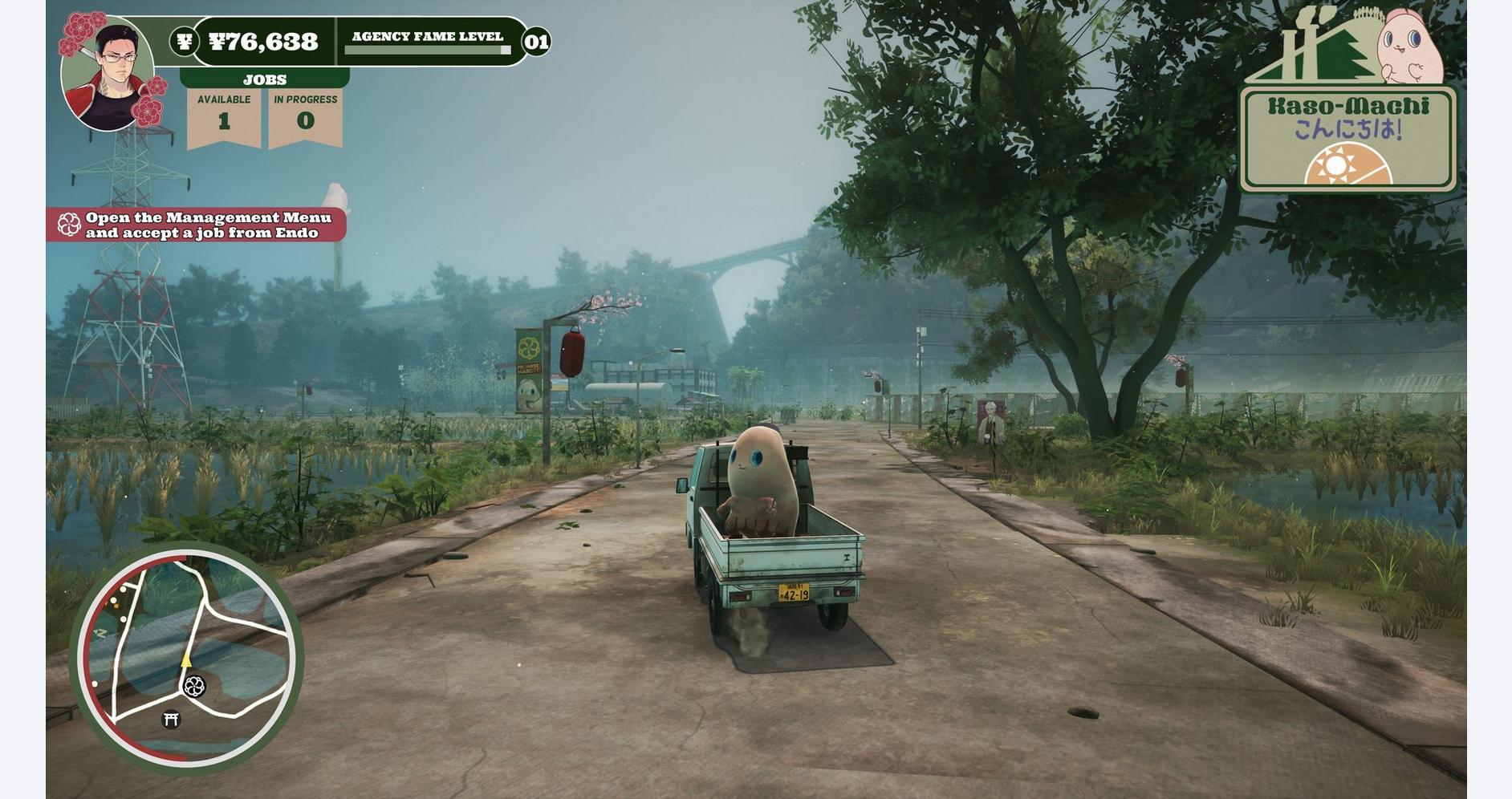 In-game mascot character riding a small truck on a rural road in Promise Mascot Agency.