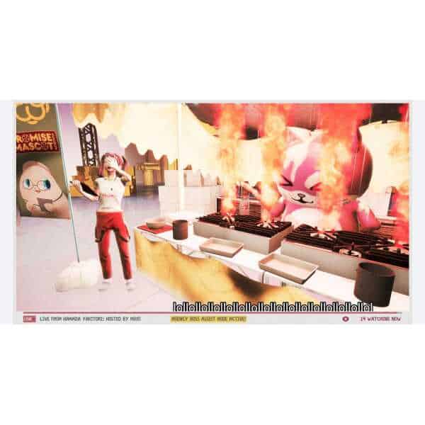 Mascot agency booth featuring a fiery scene with a pink cat mascot and a person in costume at Gamewa.