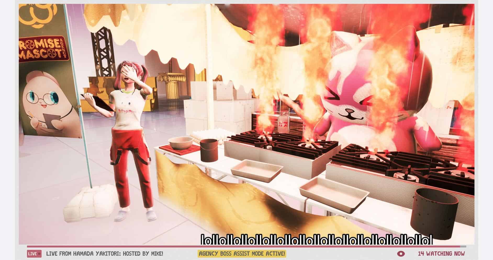 Mascot agency booth featuring a fiery scene with a pink cat mascot and a person in costume at Gamewa.