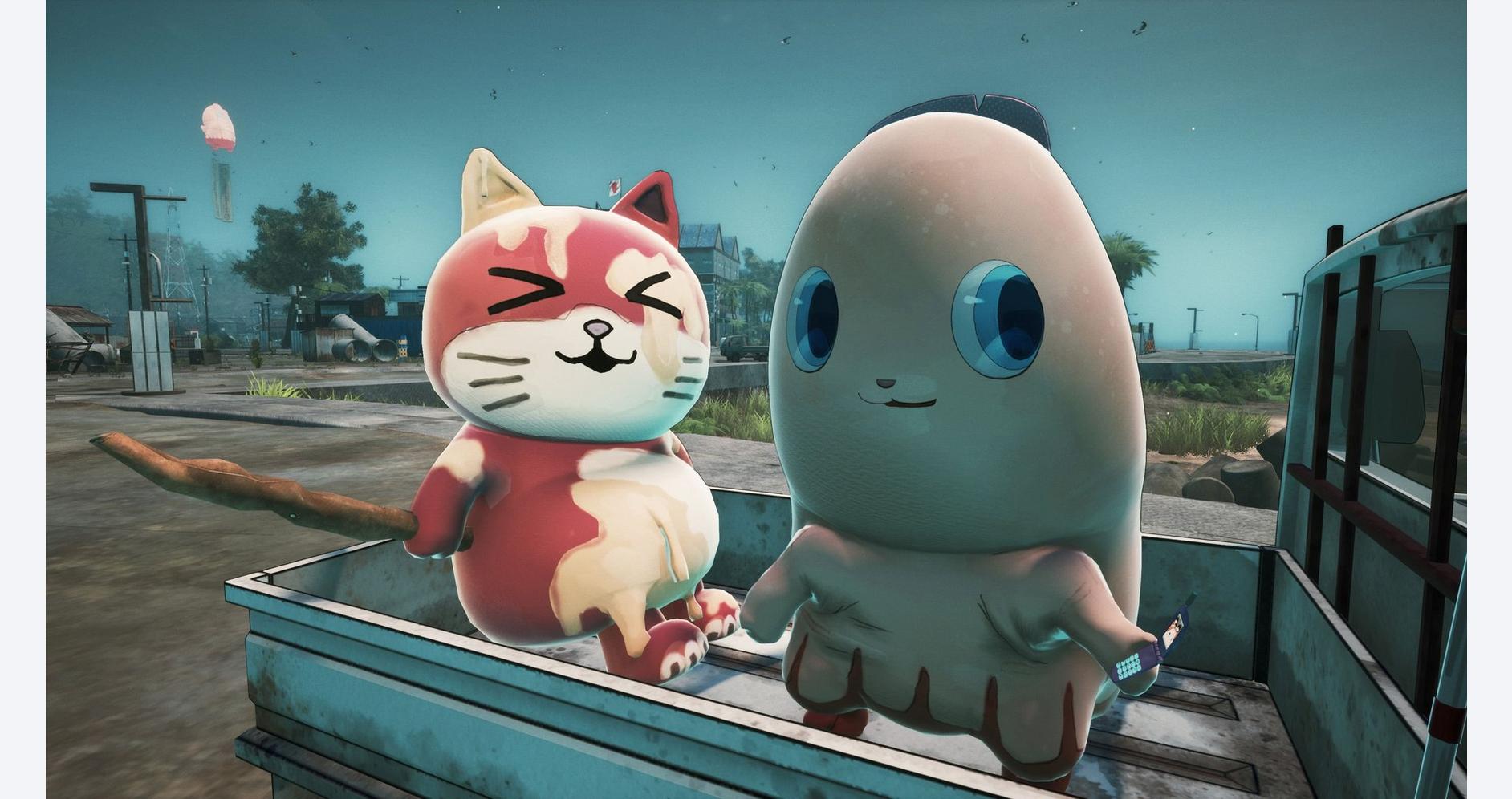 Cute mascot characters from Gameware in a playful outdoor setting.