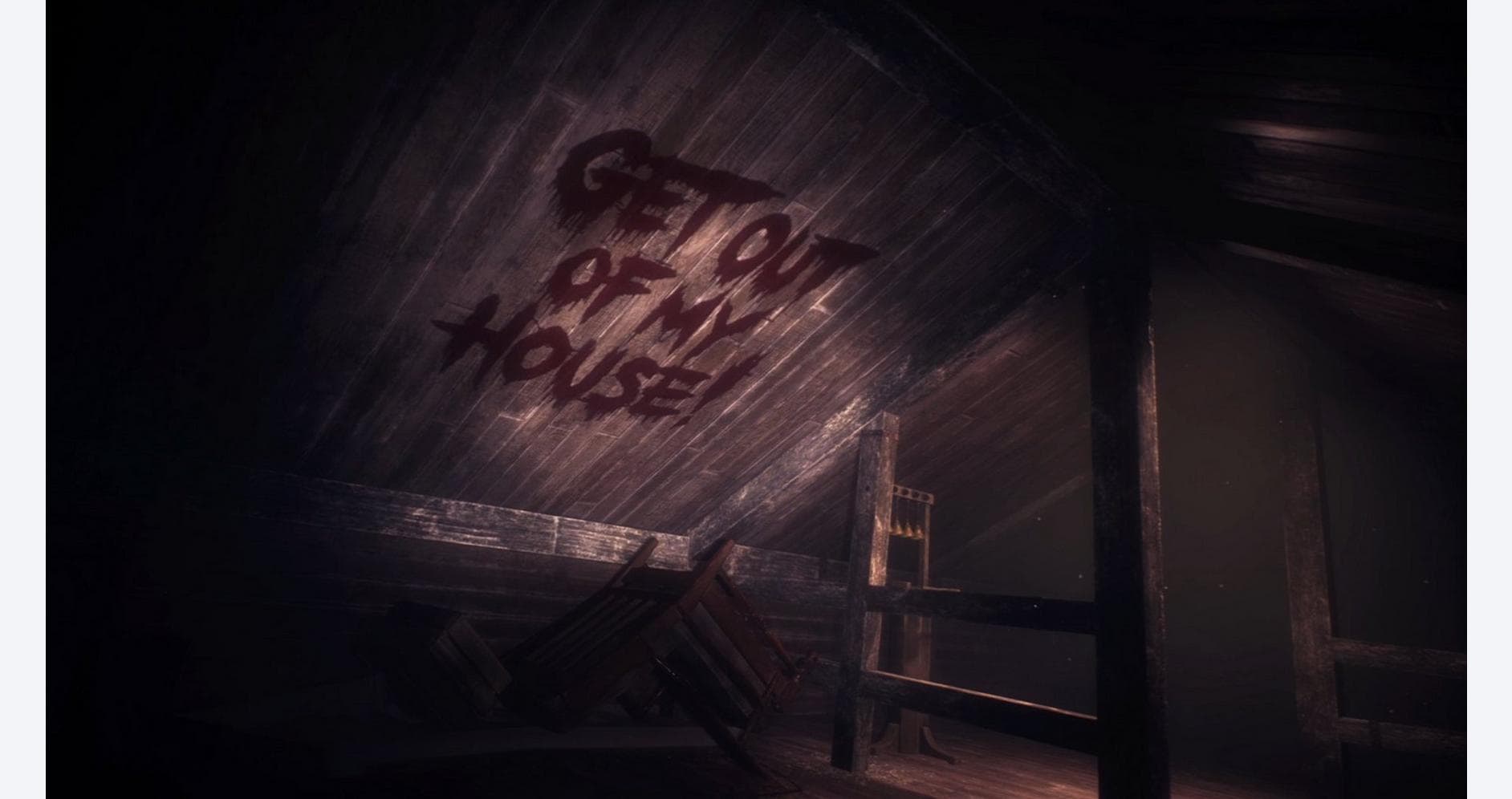 Dark puppet house interior with "Get Out of House" graffiti on the wall.