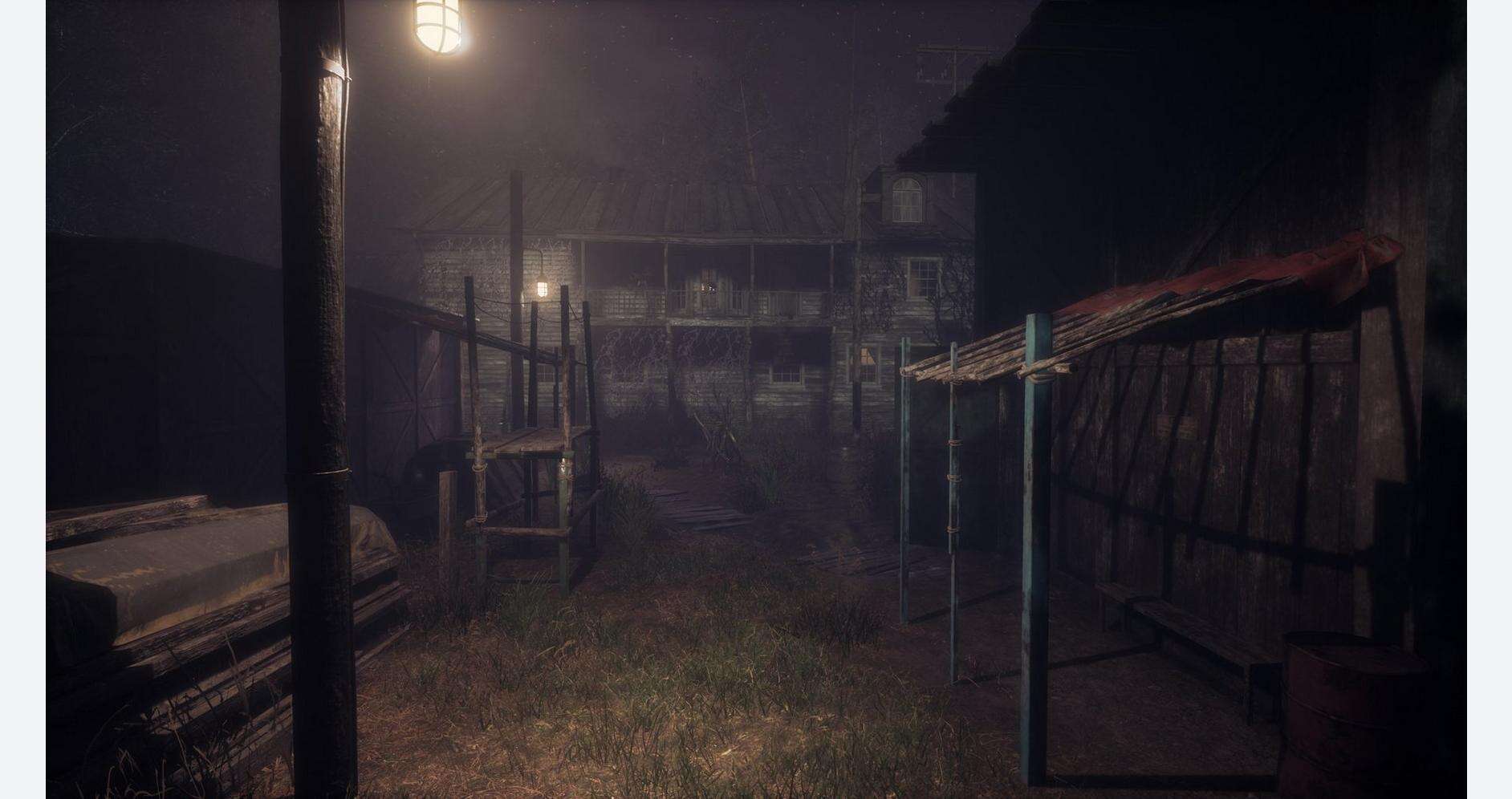 Nighttime scene of Puppet House with dim lighting and foggy atmosphere.
