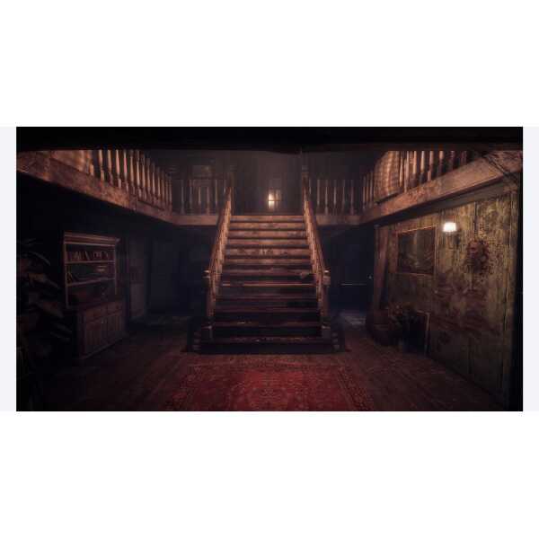 Spooky wooden staircase inside an old puppet house with dim lighting.