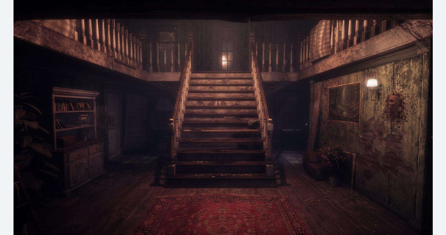 Spooky wooden staircase inside an old puppet house with dim lighting.