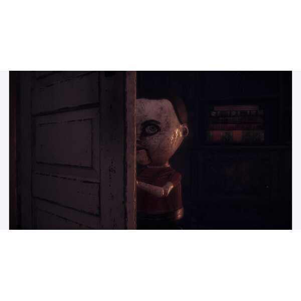 Creepy puppet peeking from behind a door in a dark room.