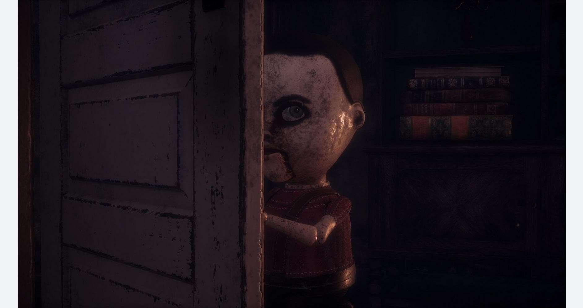 Creepy puppet peeking from behind a door in a dark room.