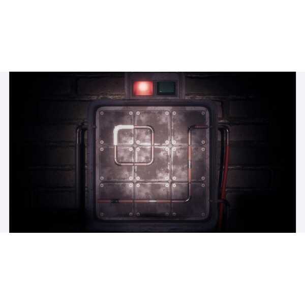 Puzzle game with illuminated maze on a dark wall background.