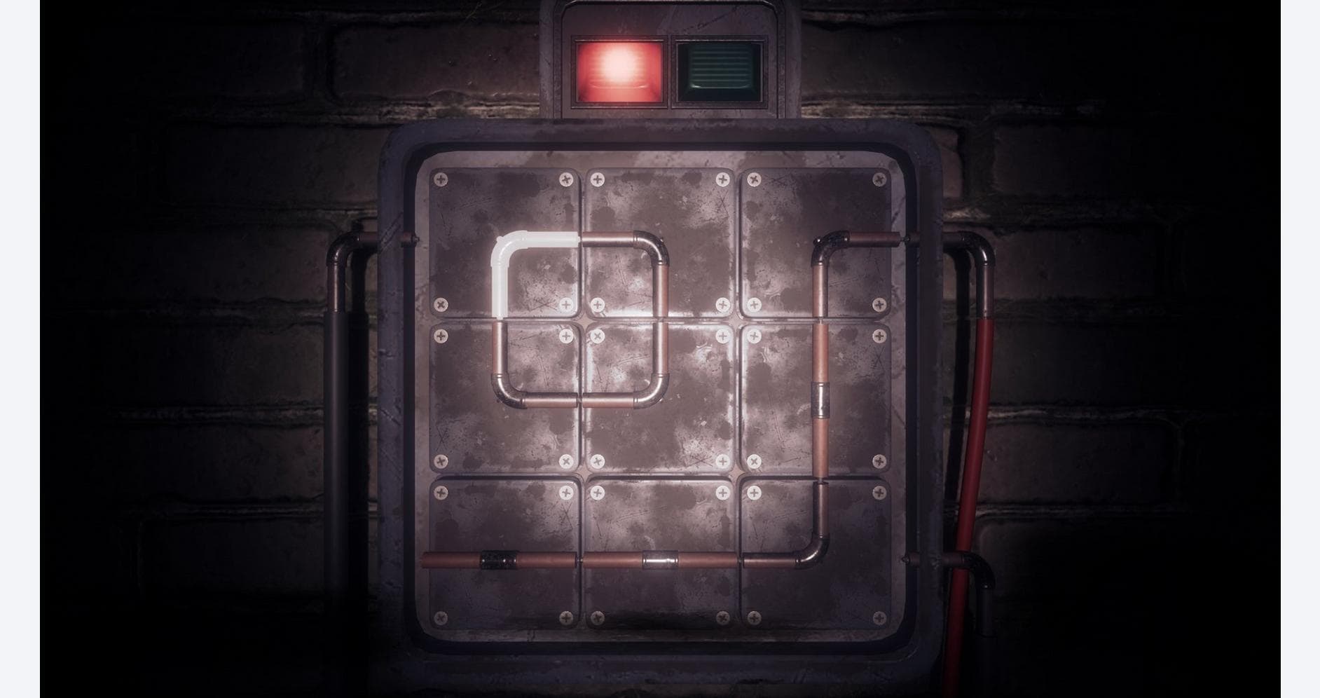 Puzzle game with illuminated maze on a dark wall background.