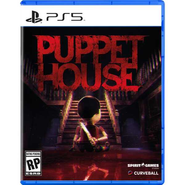 Puppet House game cover with a puppet sitting on stairs in a dark house setting.
