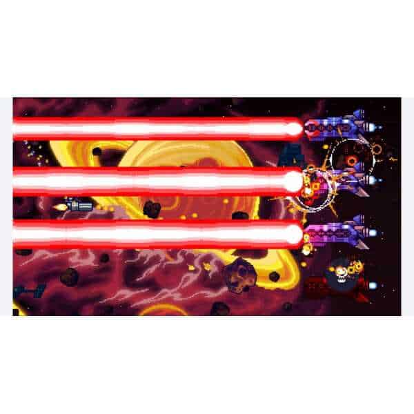 Intense space shooter game with laser blasts and asteroid obstacles.