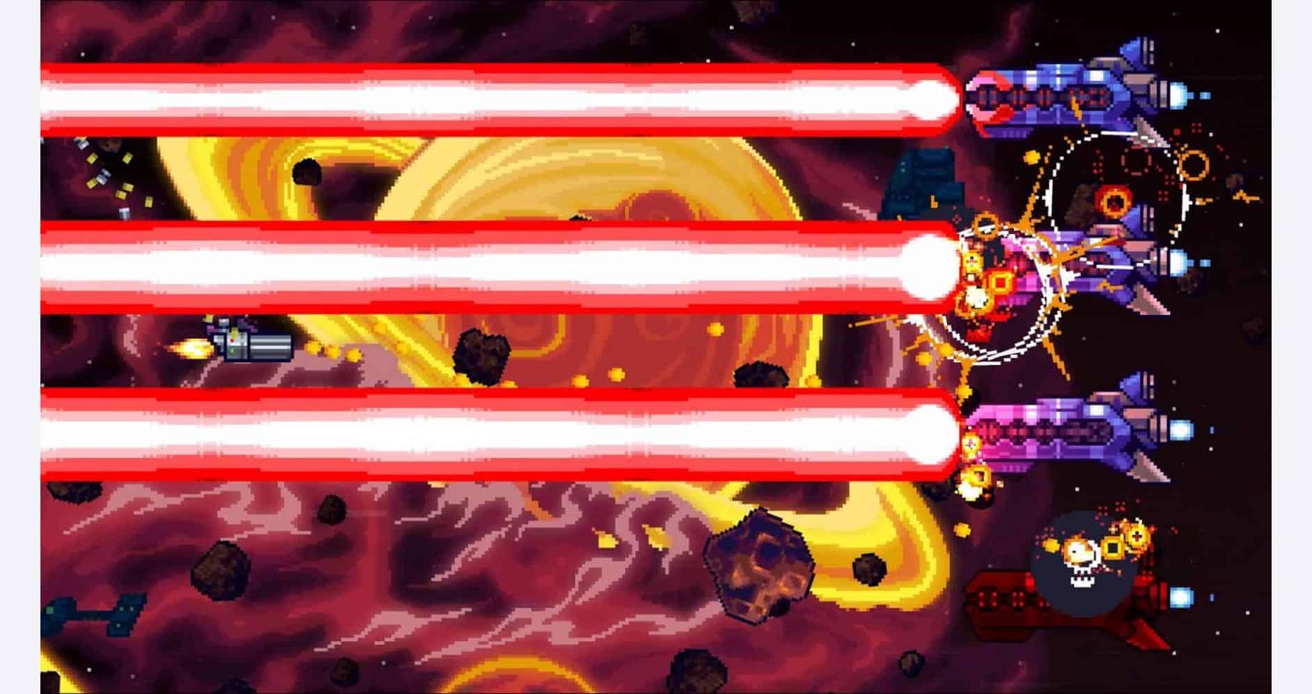 Intense space shooter game with laser blasts and asteroid obstacles.