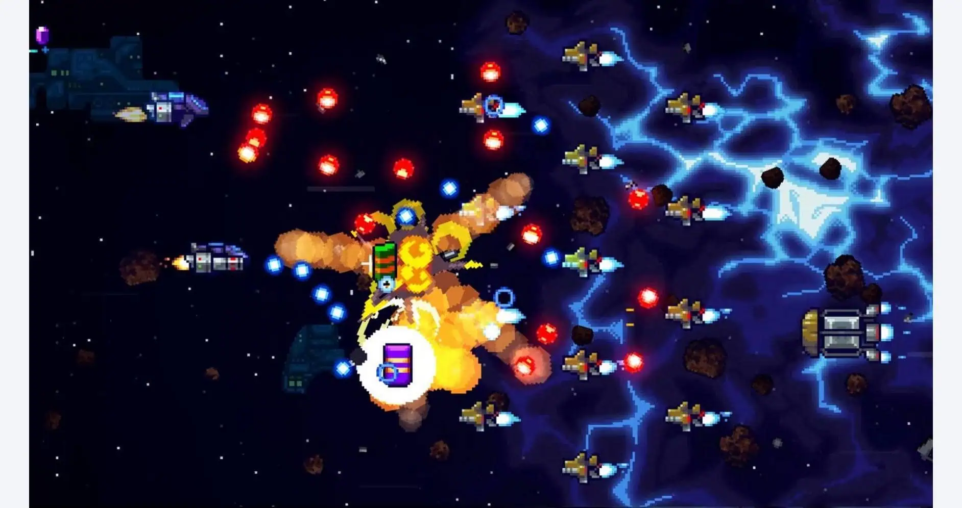 Space-themed arcade game with ships and explosions.