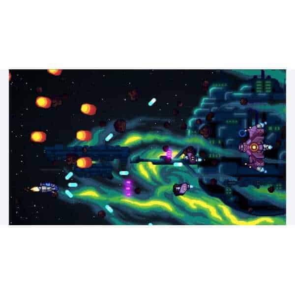 Retro pixel art space shooter game with spaceships and explosions.