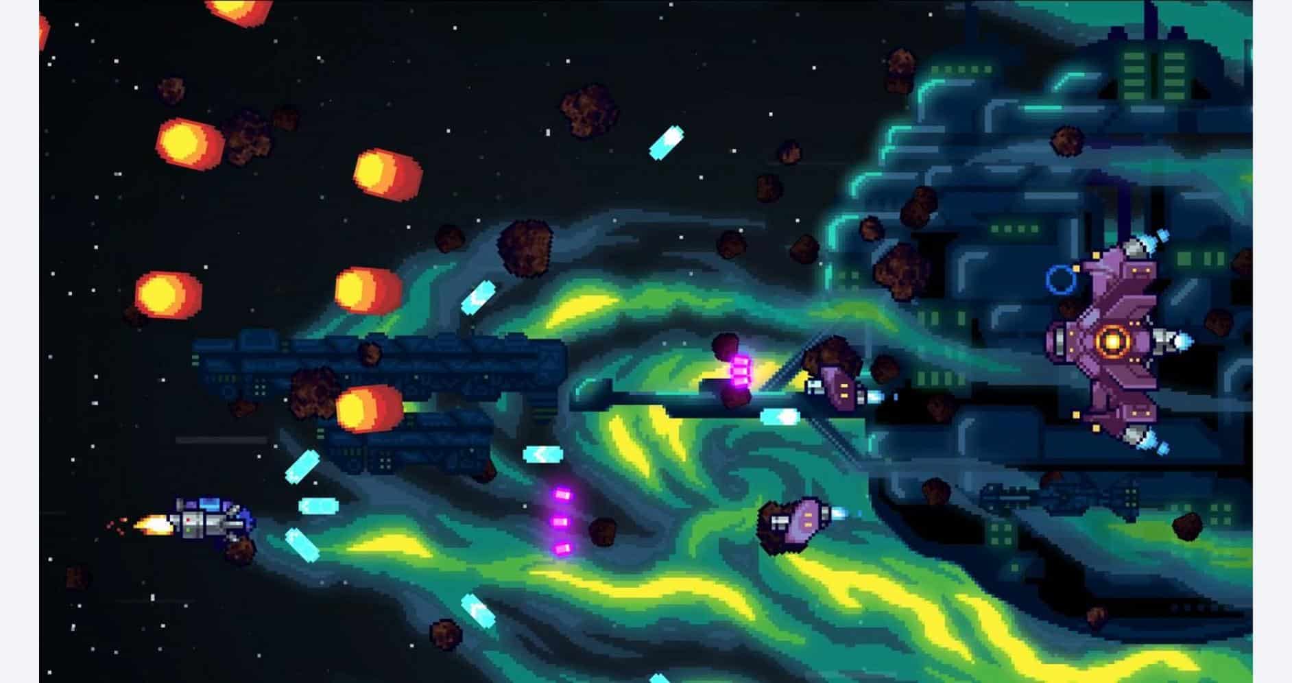 Retro pixel art space shooter game with spaceships and explosions.