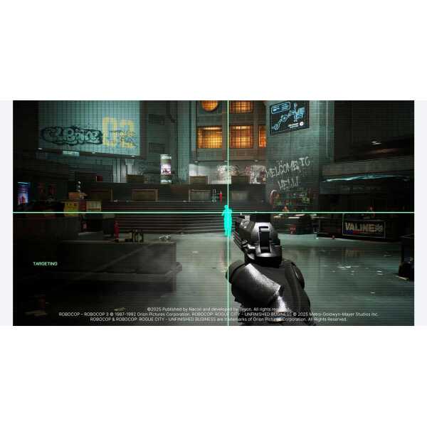 High-tech gaming environment with a first-person shooter perspective in a futuristic cityscape.
