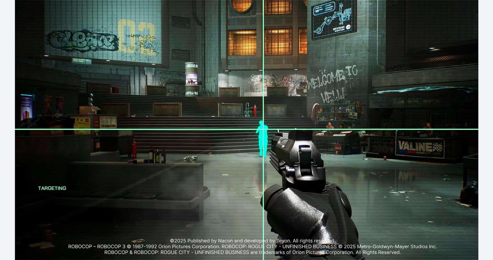 High-tech gaming environment with a first-person shooter perspective in a futuristic cityscape.