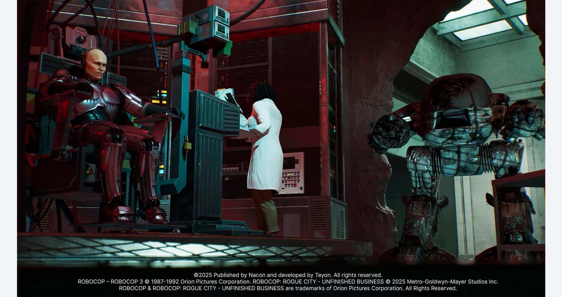 A scientist conducts an experiment with a humanoid robot in a high-tech laboratory setting.