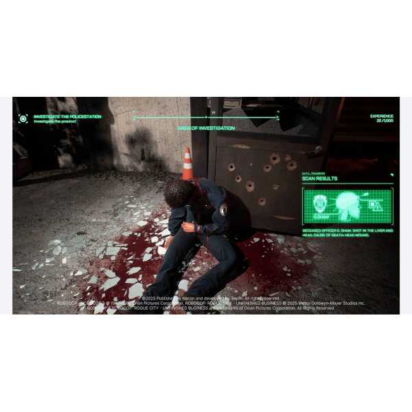 Bloodstained crime scene investigation with a detective kneeling on the ground.