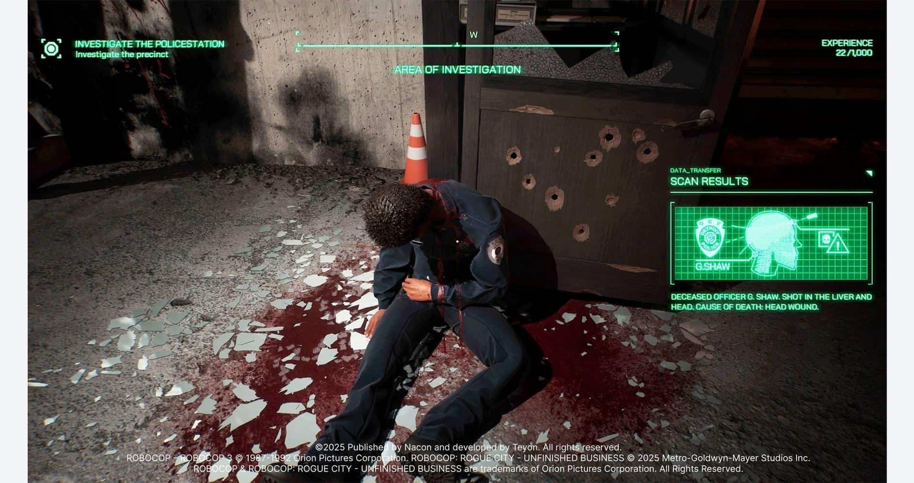 Bloodstained crime scene investigation with a detective kneeling on the ground.