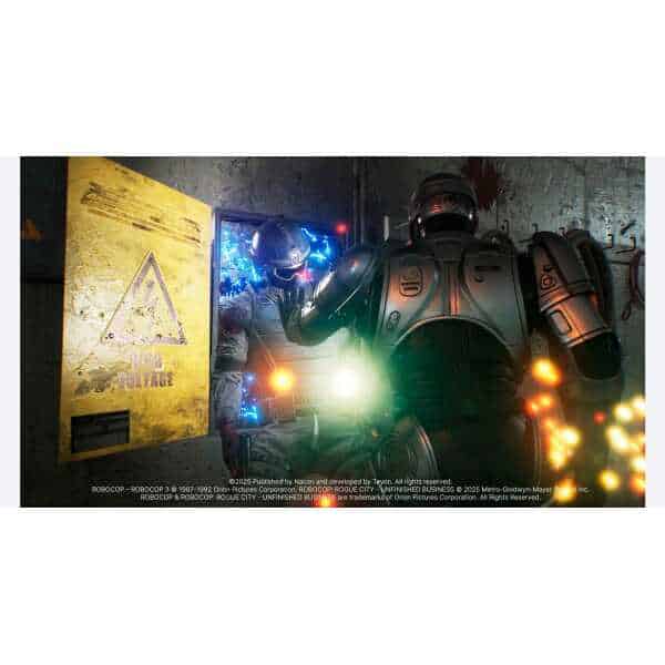 Futuristic robot in a high-tech environment with warning signs and colorful lights.