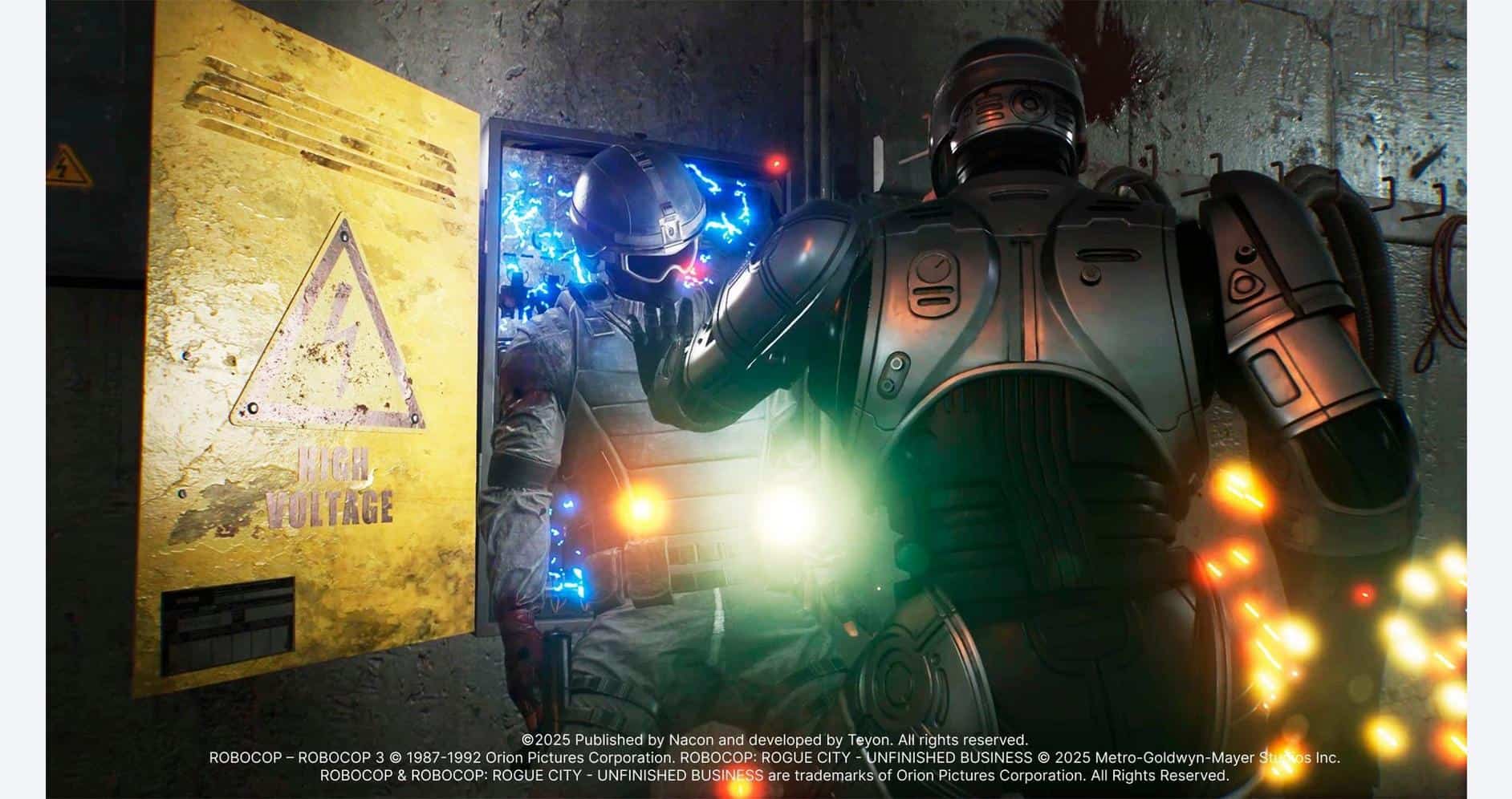 Futuristic robot in a high-tech environment with warning signs and colorful lights.