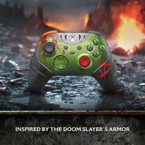 Xbox Series X controller inspired by DOOM Slayer's armor with fiery background.