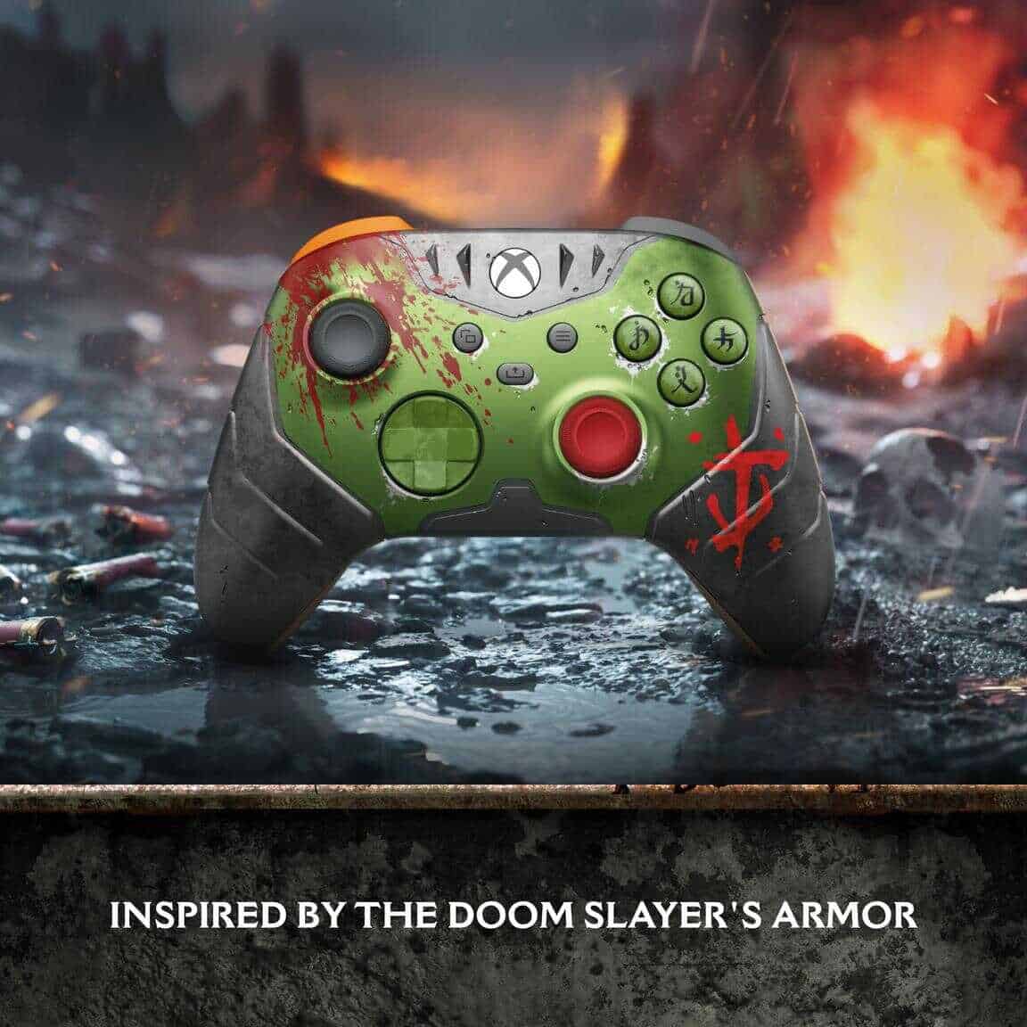 Xbox Series X controller inspired by DOOM Slayer's armor with fiery background.