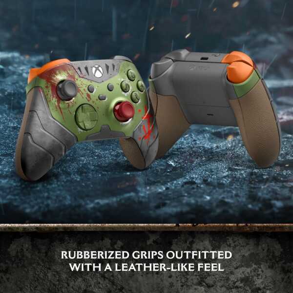 Xbox Series X controller themed for DOOM with green and orange accents.