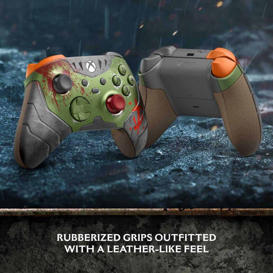Xbox Series X controller themed for DOOM with green and orange accents.