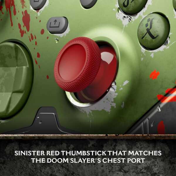 Close-up of a red thumbstick on a green gaming controller with blood splatters.
