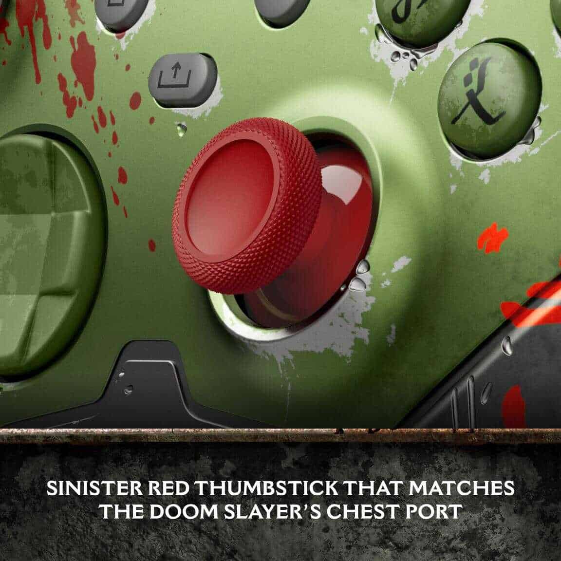 Close-up of a red thumbstick on a green gaming controller with blood splatters.