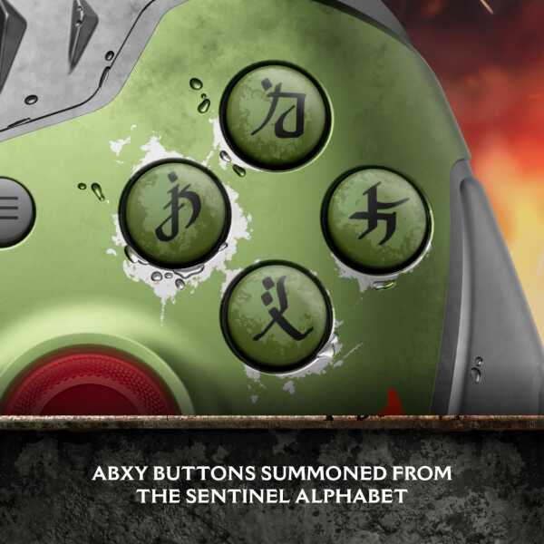 Close-up of green gaming controller with Asian characters on buttons.