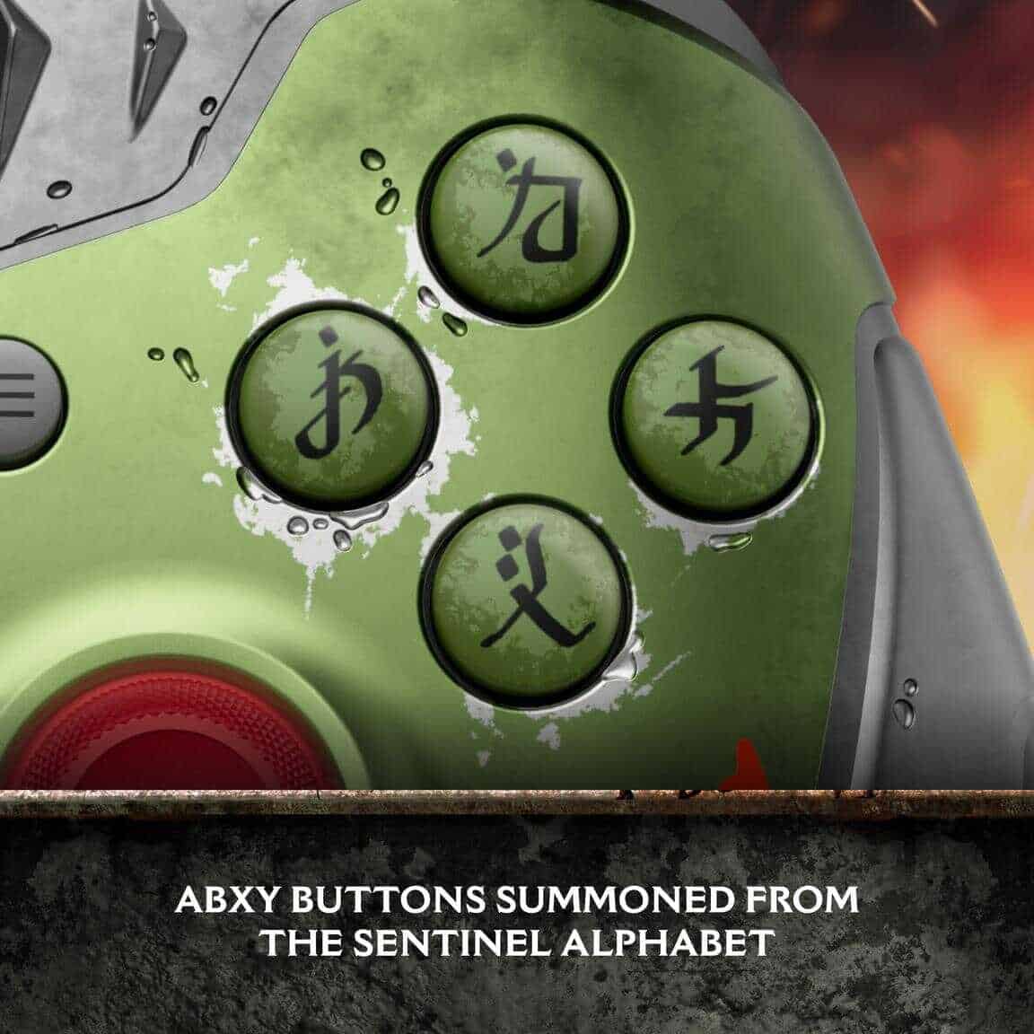 Close-up of green gaming controller with Asian characters on buttons.