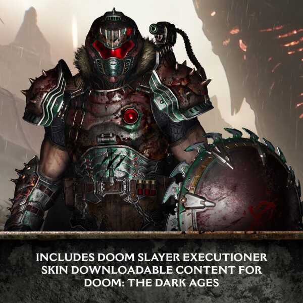 Doom Slayer in armor with a large spiked shield from Doom: The Dark Ages edition.