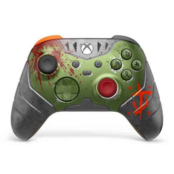 Xbox Series X controller with DOOM: The Dark Ages design and blood splatter graphics.