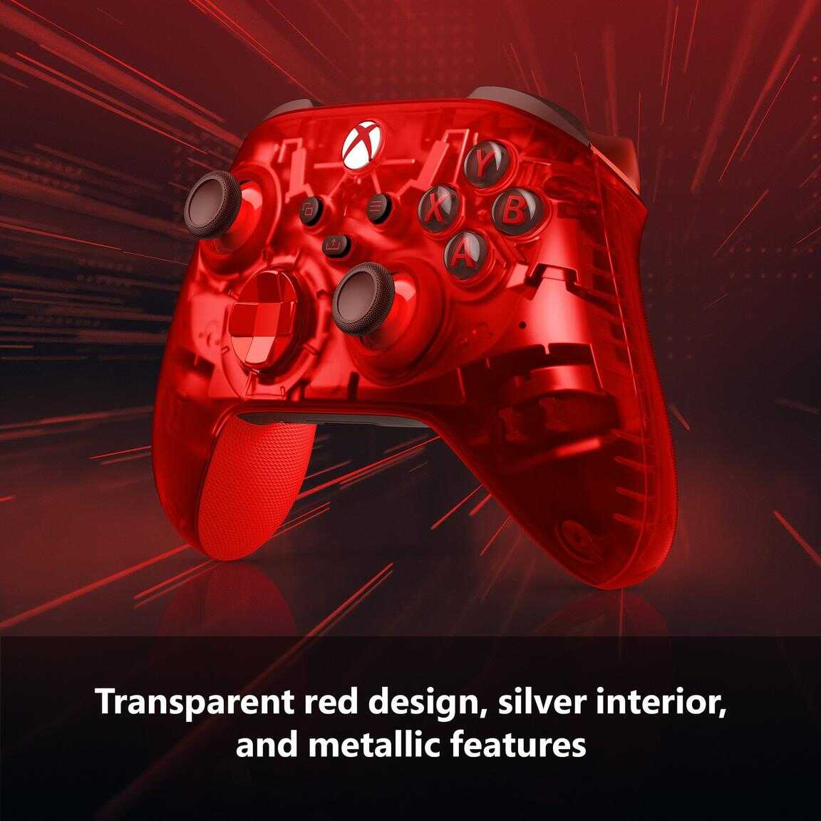 Red transparent Xbox Series X controller with silver interior and metallic features.