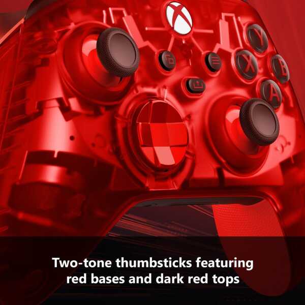 Red Xbox Series X controller with two-tone thumbsticks and dark red tops.