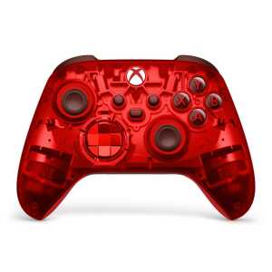Red Xbox Series X wireless controller with transparent design and textured grips.