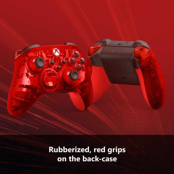 Rubberized red grips on the back of a gaming controller for Xbox Series X.
